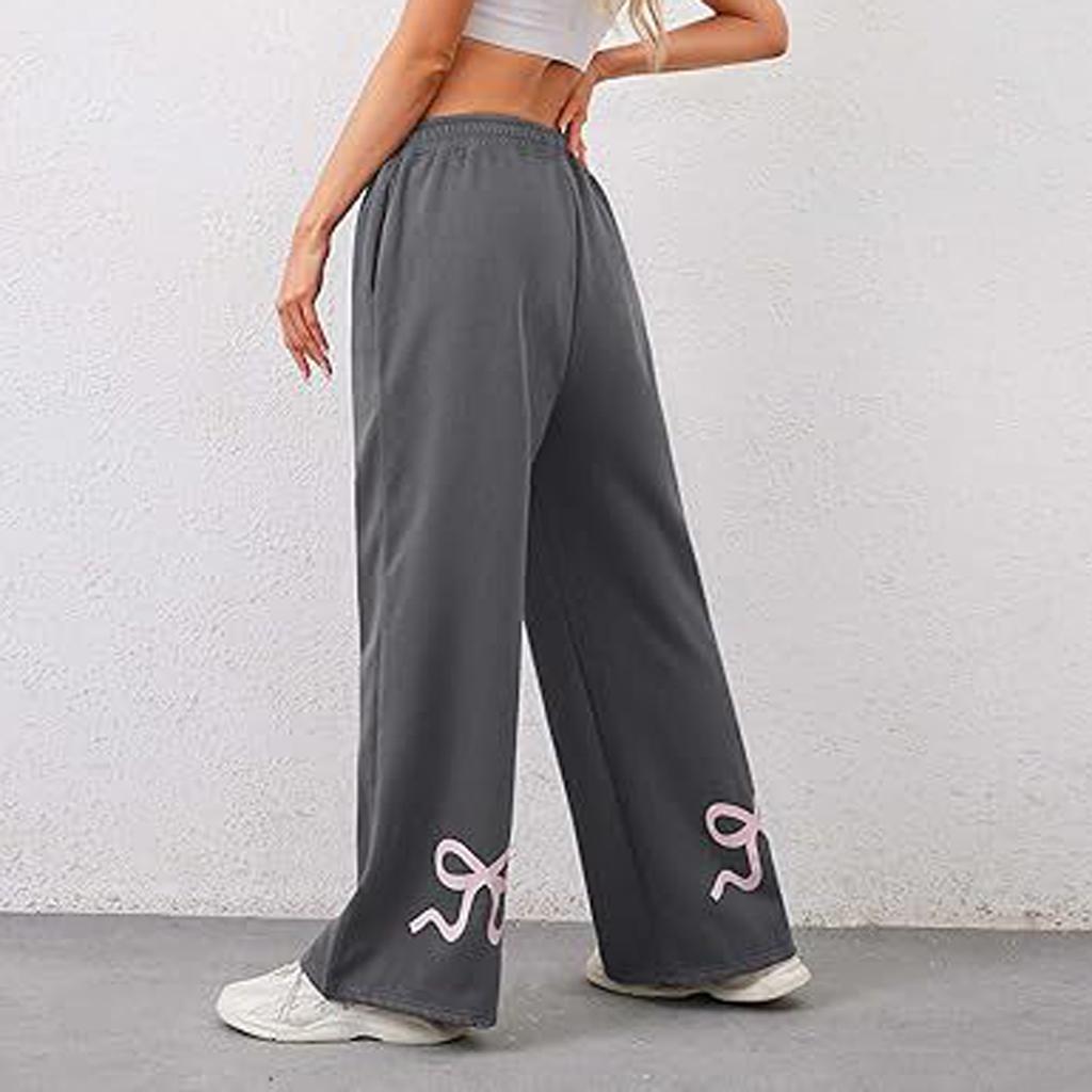 Women's Loose Elastic Waist Pocket Casual Pants Plaid Print Wide Leg Trousers