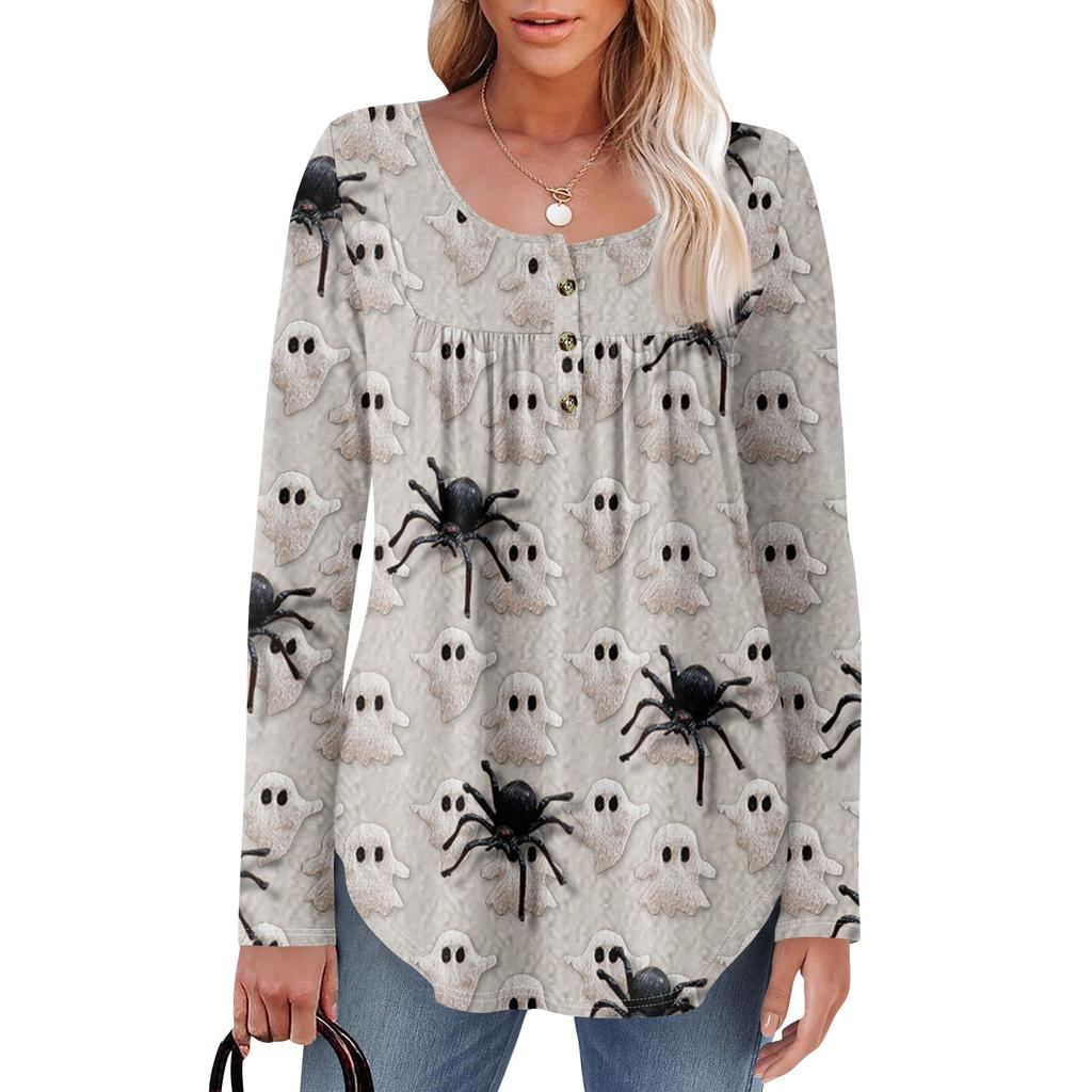 Dame Langermet Tunika Løse Topper Casual Oversized Topper Plissert Tunika Knapper Ned Casual Dame Print Topper