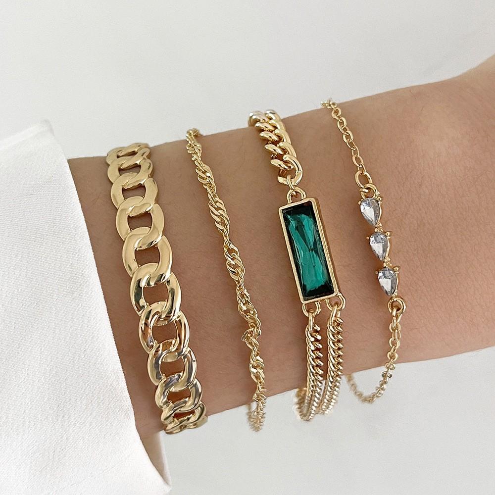 4pcs Fashion Green Gemstone Bangle Rhinestone Full For Women Birthday Party Christmas Gift Jewerly
