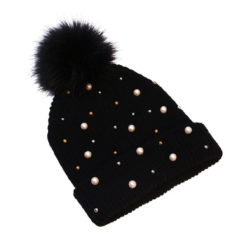 Solid Color Pearl Pompom Wool Hat Knitted Hat Beanie Hat Thicken Stretchable