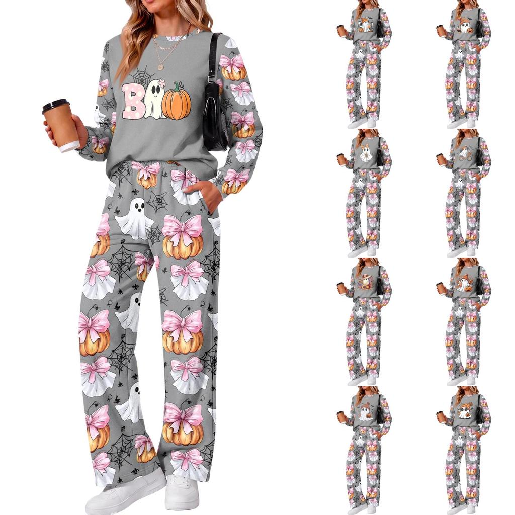 Women's Halloween Print Hoodie and Jogger Pants Set, Round Neck Loose Fit Casual Sweatsuit