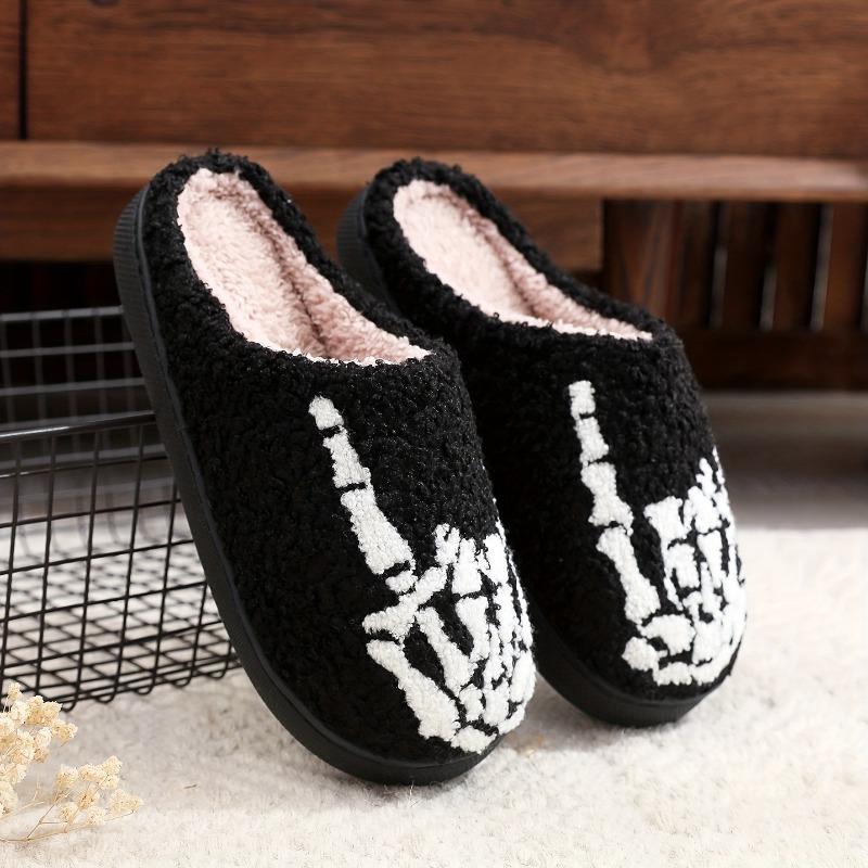 Halloween Gift - Skull Finger Bones Punk Style Plush Slip-On Slippers for Women & Men, Black & White Skeleton Design, Soft Fabric with Plush Lining