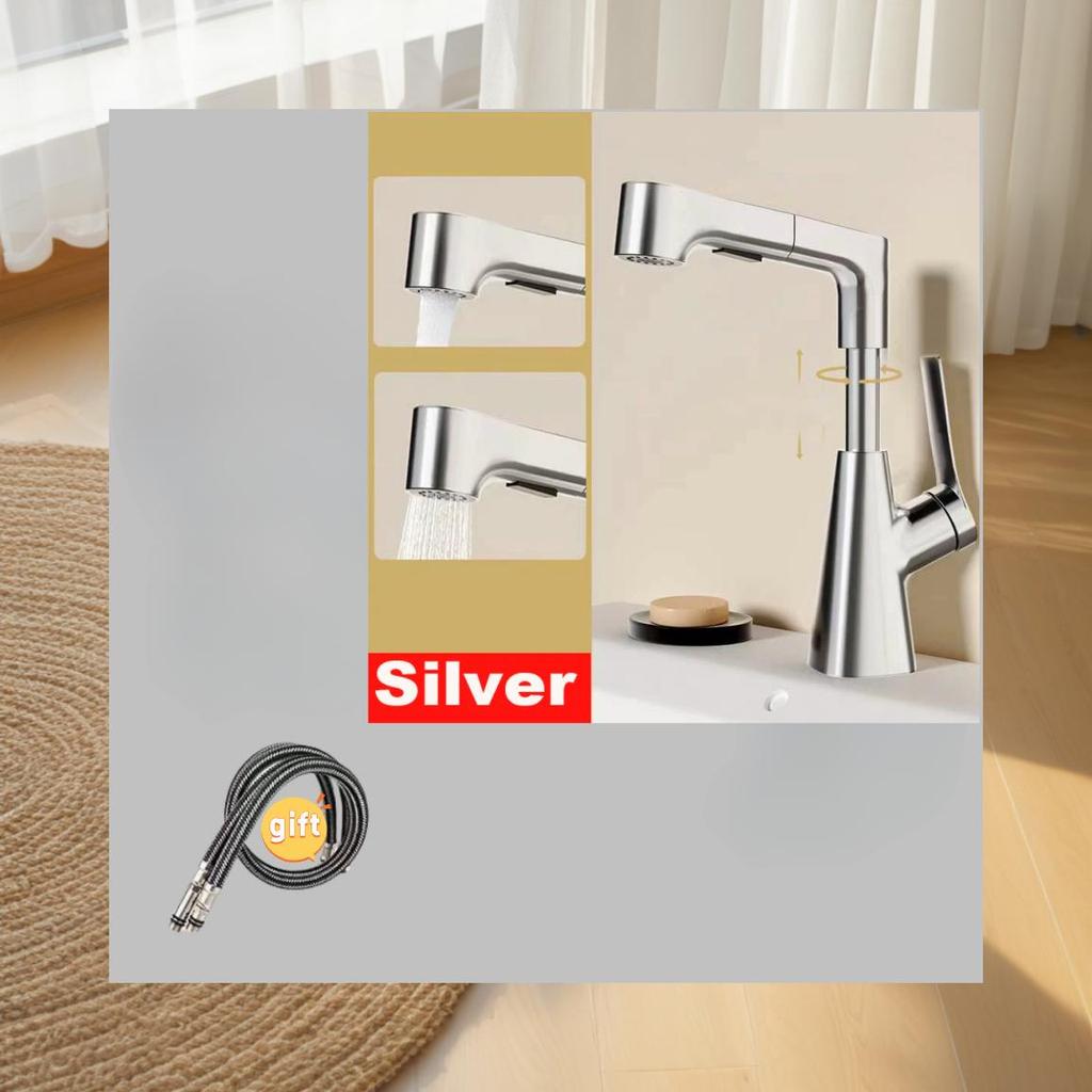 Robinet de apă caldă și rece pentru chiuvetă de baie cu funcție de extragere, robinet de pulverizare cu amestecare, pivotant la 360º, ridicabil