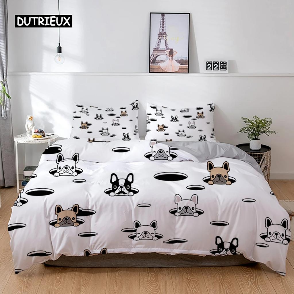 3D Dog Bedding Set Cute French Bulldog Puppy Duvet Cover Sets Cartoon Bed Cover Pet Animals Home Textiles Queen 23Pcs King Full