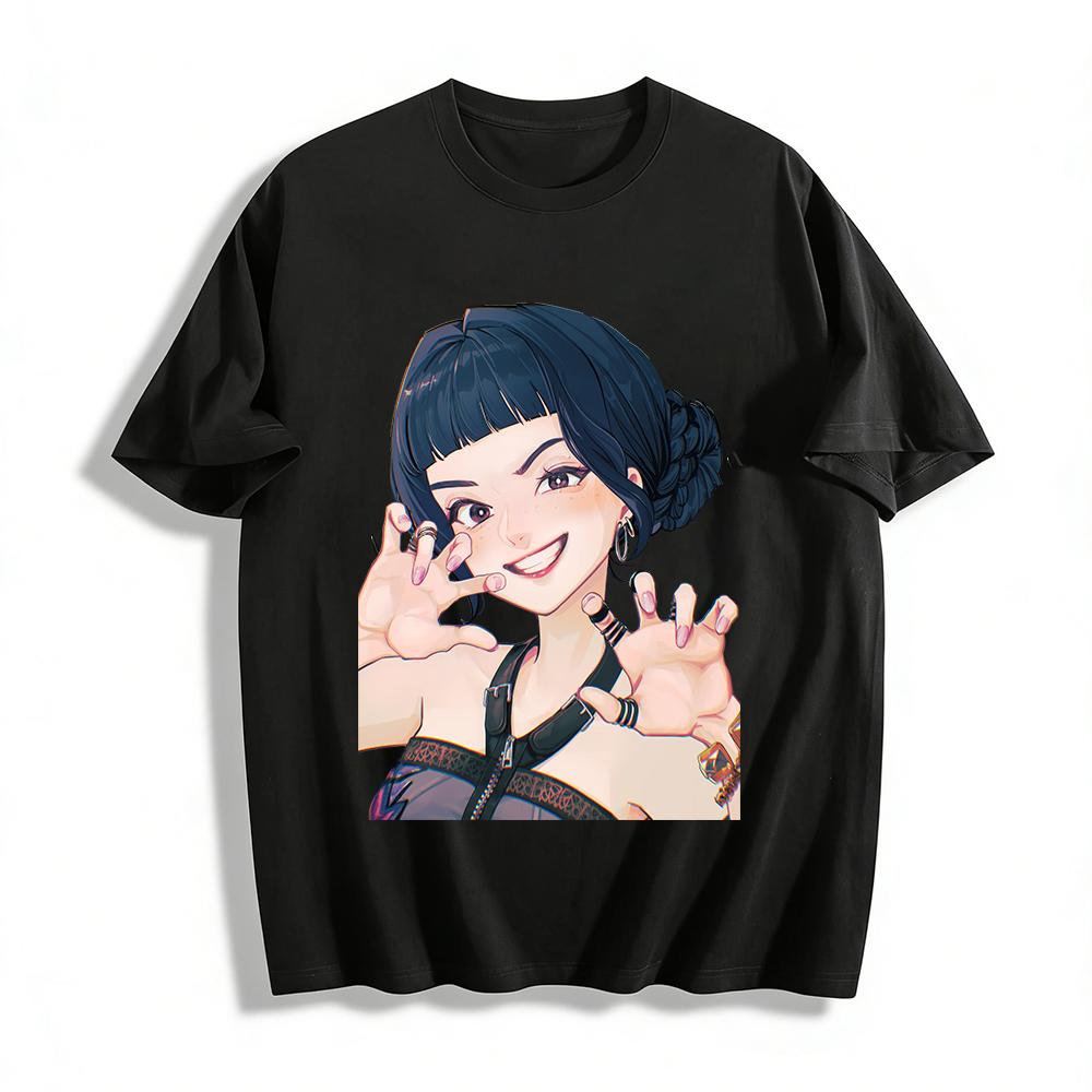 Cool Girl Dark Style Printed T-shirt, Casual Loose Fit Tee With Edgy Anime Girl Graphic For Daily Wear Pure cotton T-shirt XXS