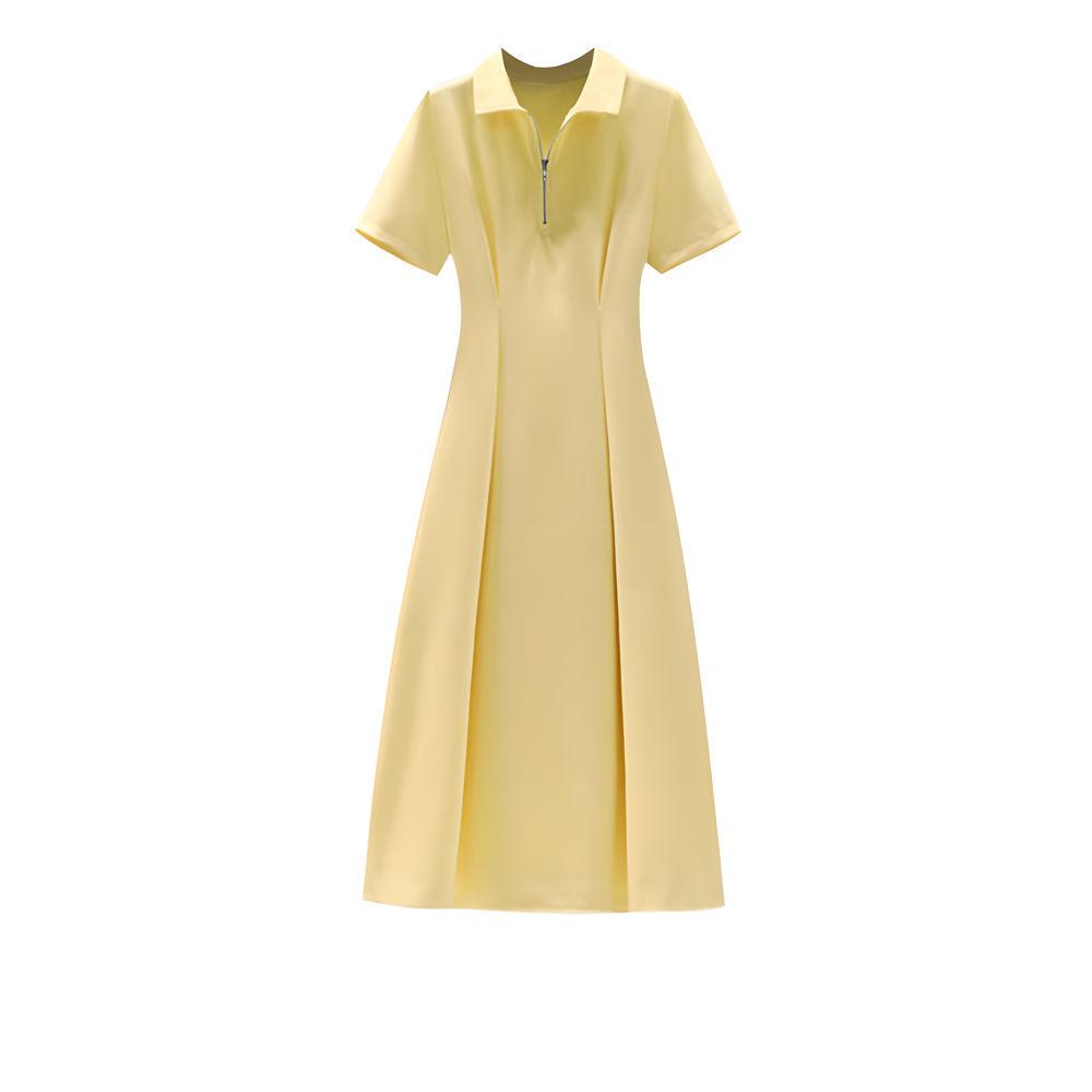 

French Summer Zipper Polo Dress: Waist-Slimming, A-Line, Short Sleeves, Fairy Look L жёлтый