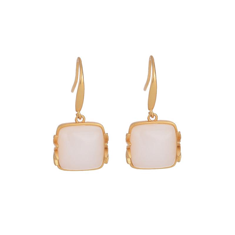 Chinese Court Style Bamboo Leaf Stud Earrings with White Jade for Women - Retro Dangle Design