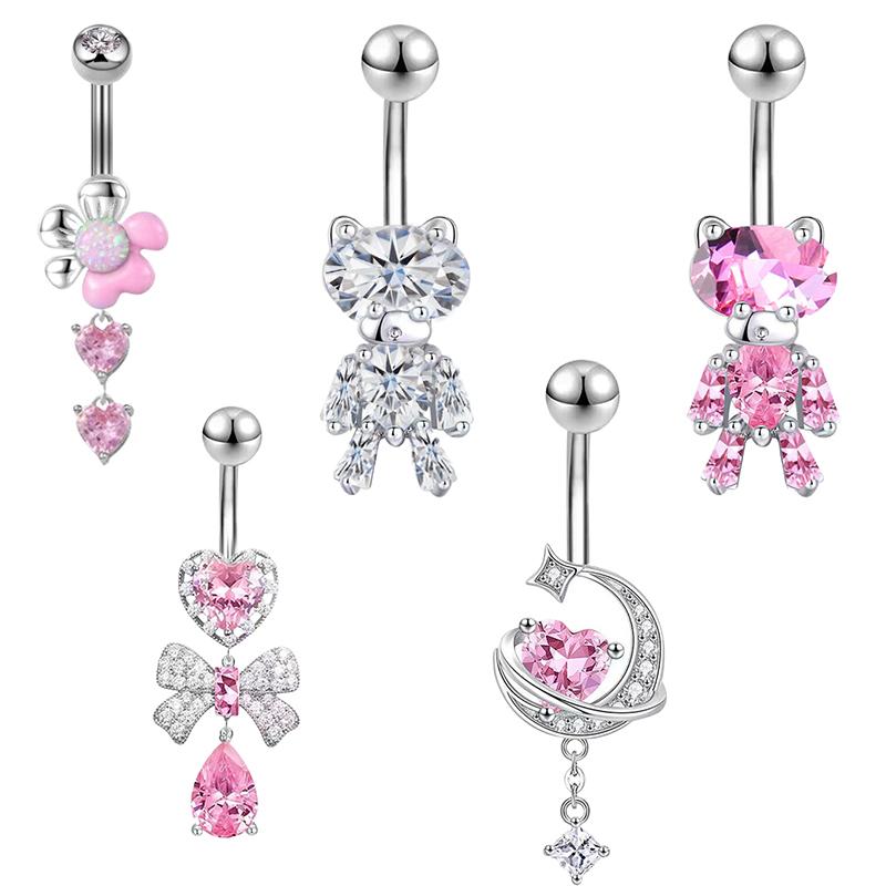 Pink Zircon Belly Button Rings Stainless Steel Heart Butterfly Navel Piercing Barbell For Women Beach Belly Ring Body Jewelry