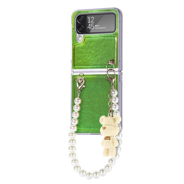 Für Samsung Galaxy Z Flip 4 5g Luxus Aurora Bunte Hülle mit Perlenkette Bär Anhänger Laser Gradient Bling Anti-Drop Cover