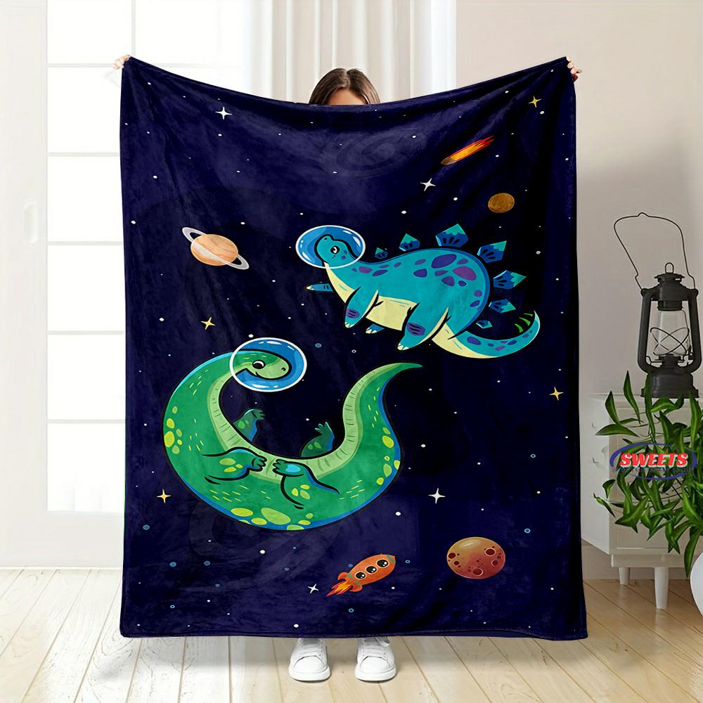 Cartoon Dinosaurier Weltraum Muster weiche Flanelldecke für Bett Schlafzimmer Sofa Picknick, Warme Überwurfdecke zum Zudecken Outdoor Freizeit Nickerchen