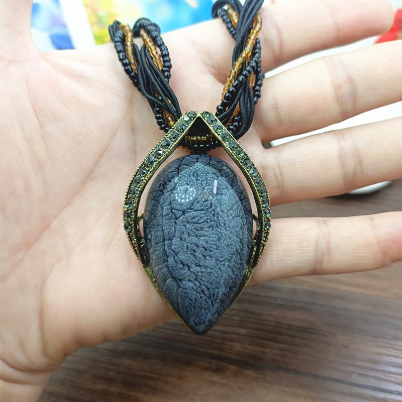 Bohemian Ethnic Style Vintage Glass Water Drop Leaf Pendant Necklace