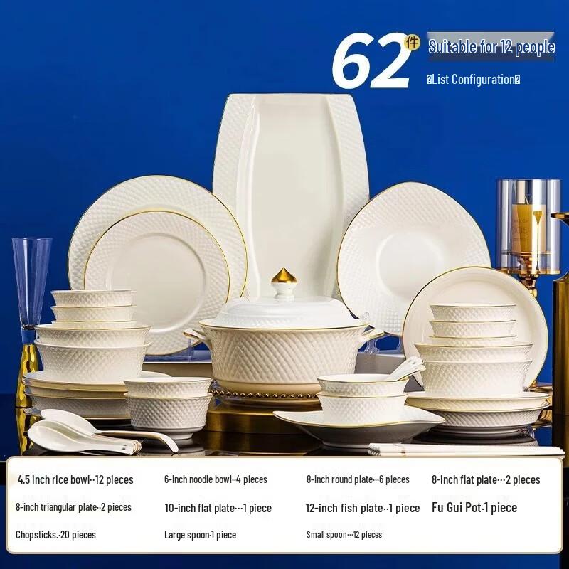 Elegant European 60-Piece Ceramic Dinnerware Set with Gold Accents