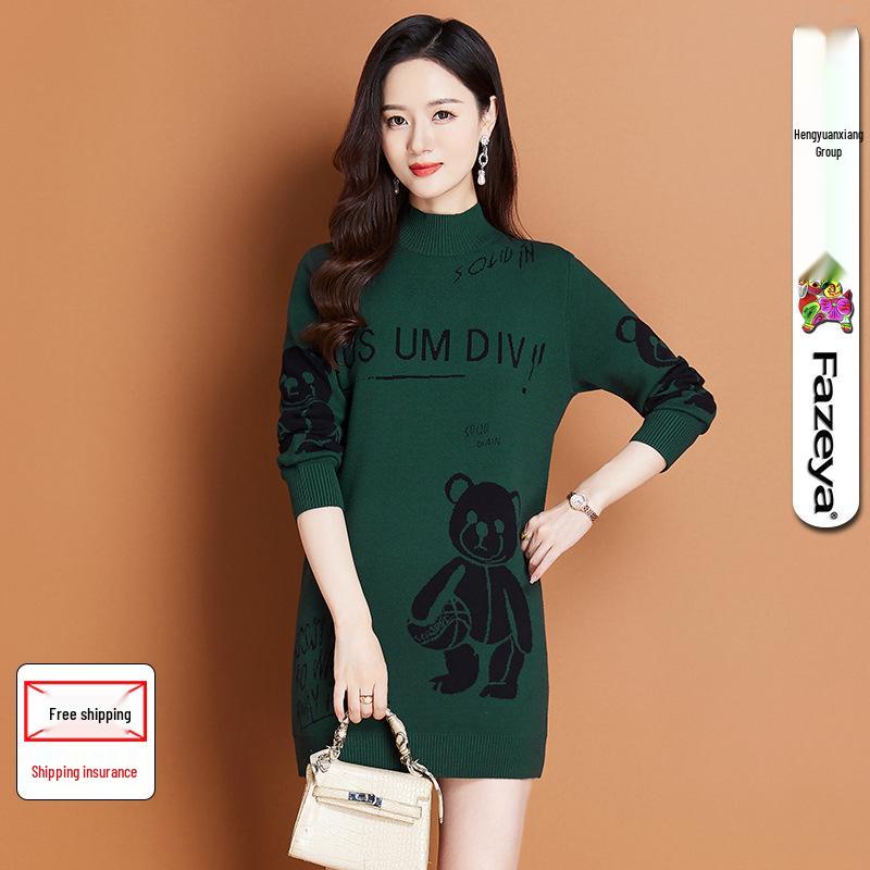 

Вязаное платье с плюшевым мишкой Hengyuanxiang: Женский зимний свитер средней длины с полувысоким воротником, модная верхняя одежда. Plus Size 115 темно-зеленого