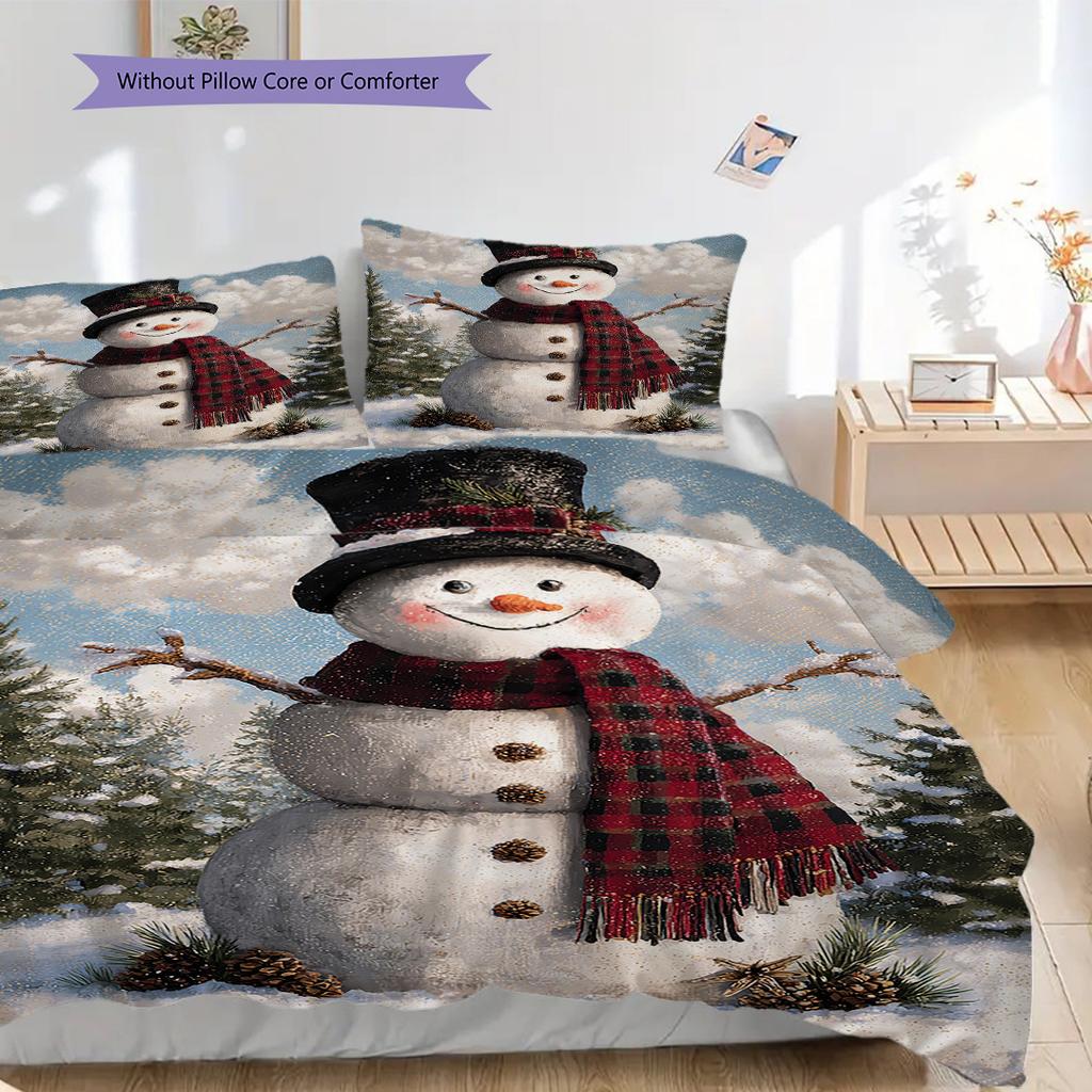 Snowman Pattern Bedding Quilt Set Quilt Cover Pillowcase Home Decoration Birthday Gift (1 * Duvet Cover + 2 * Pillowcase, Without Core)