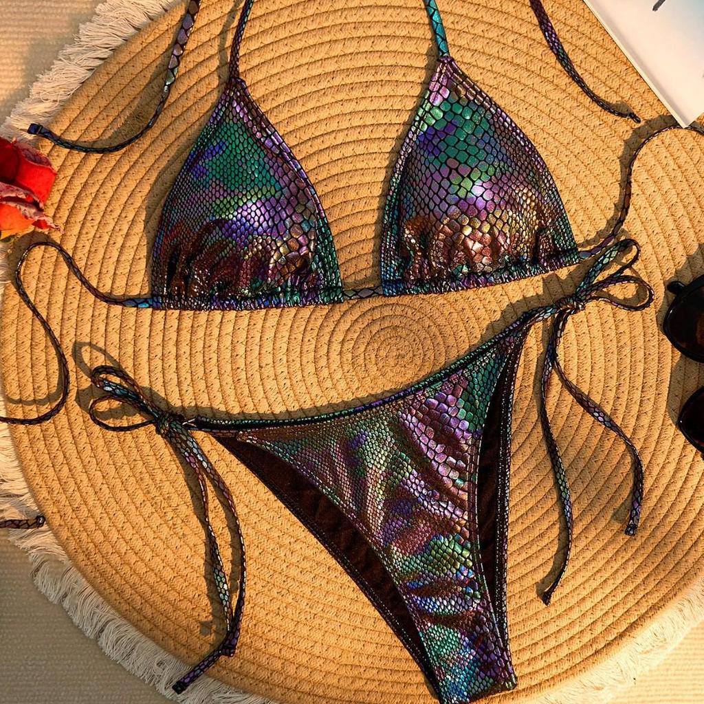Women's Solid Color Triangle Bikini - Lace-up, High Elasticity, Quick-dry, Breathable, Removable Padding, Sexy Swimwear