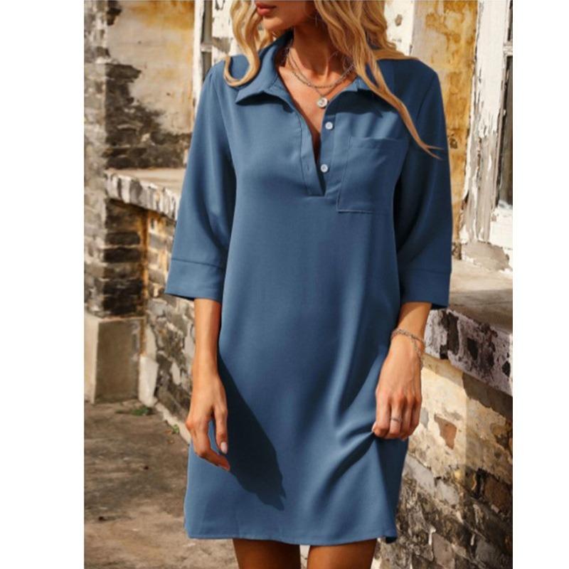 QICED Fashion Summer Spring Solid Color Print  Long Sleeve POLO Neck Casual Dresses