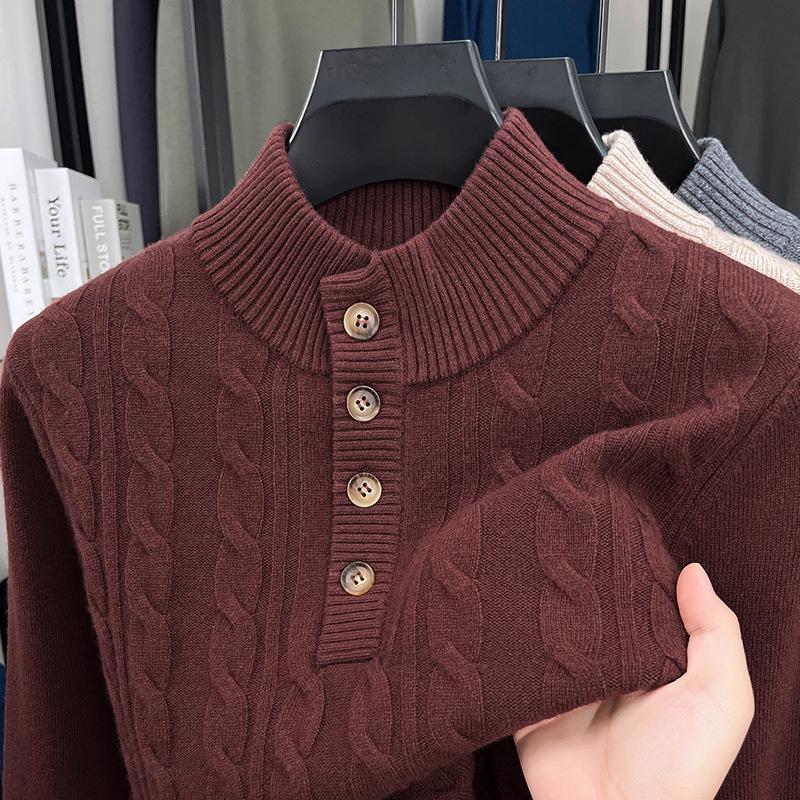 Men's Stand Collar Four-Button Jacquard Wool Sweater, Winter 2025 Fashion for Young and Middle-Aged, Casual Base Layer