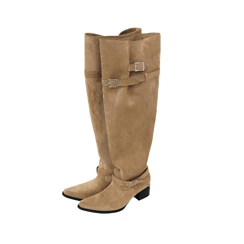 Cowhide Edition~ Retro Skinny Suede Pointed Tall Knight Boots Women's Thick Heel Boots Spice Girl Pleated Pile Boots