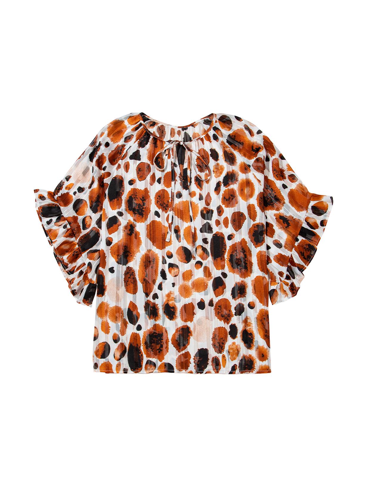 

Shiying Осенний Абстрактный Леопардовый Пуловер с V-образным Вырезом Женская Мода Шифоновый Топ с Рукавами-Воланами S коричневый