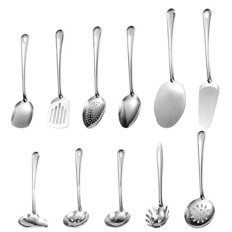 Stainless Steel Kitchen Utensil Set: Spatula, Soup Ladle, Slotted, Serving, Portion Spoons & Frying Pan Tools.