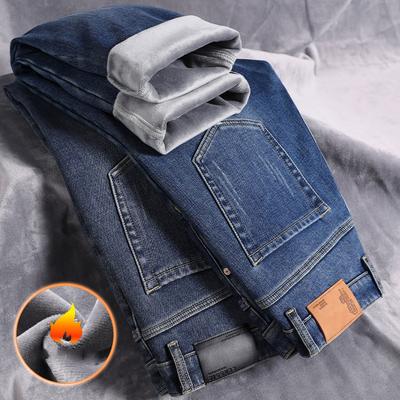 2024 Autumn And Winter New Warm And Plush Thick Straight Leg Elastic Jeans For Men'S Youth Straight Leg Men'S Jeans Trend