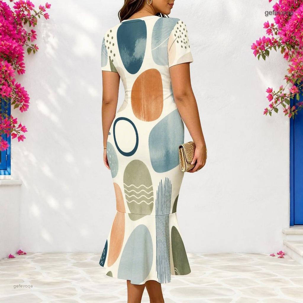 Women Plus Size V Neck Short Sleeve Fitted Abstract Printed Fishtail Dress