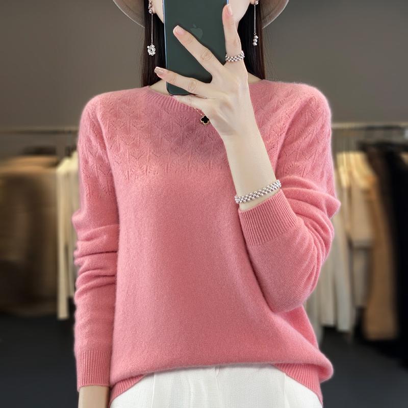 Women's Round Neck Sweater, Qinghe Cashmere, 30% Cashmere 70% Wool, Hollow Winter Knitted Pullover Autumn Sweater Cashmere Sweater