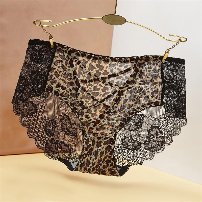 Intimo Donna Senza Cuciture Stampa Leopardo Pizzo Traforato Trasparente Seta di Ghiaccio Triangolo Intimo Vita Bassa