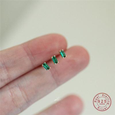 925 Sterling Silver Korean Square Green Crystal Plating 14k Gold Stud Earrings Women Noble Temperament Party Jewelry