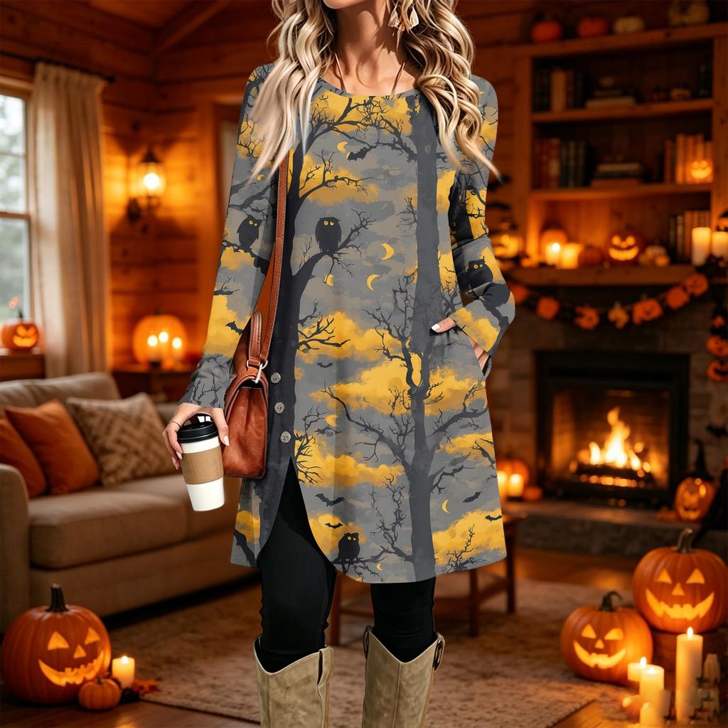 Damen Freizeitkleid mit Print, Langarm, Rundhalsausschnitt für den Alltag