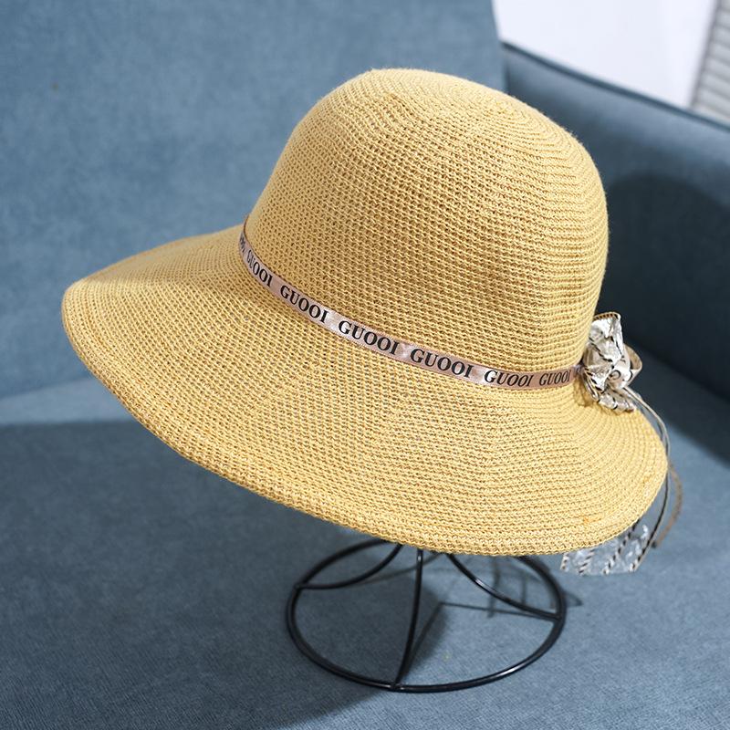 Шляпа Женская Вязаная Дышащая Рыбак Универсальная Корейская Версия Модная Защита от Солнца Жемчужный Бант Трава One size fits all жёлтый