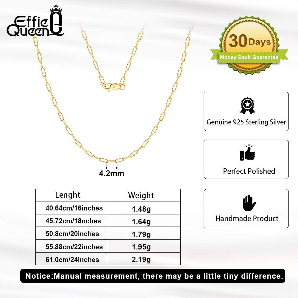 Effie Queen 925 Pure Silver Thin Paperclip Chain Necklace Simple Fine Jewelry for Women Dainty Paper Clip Link Chain Party SC39