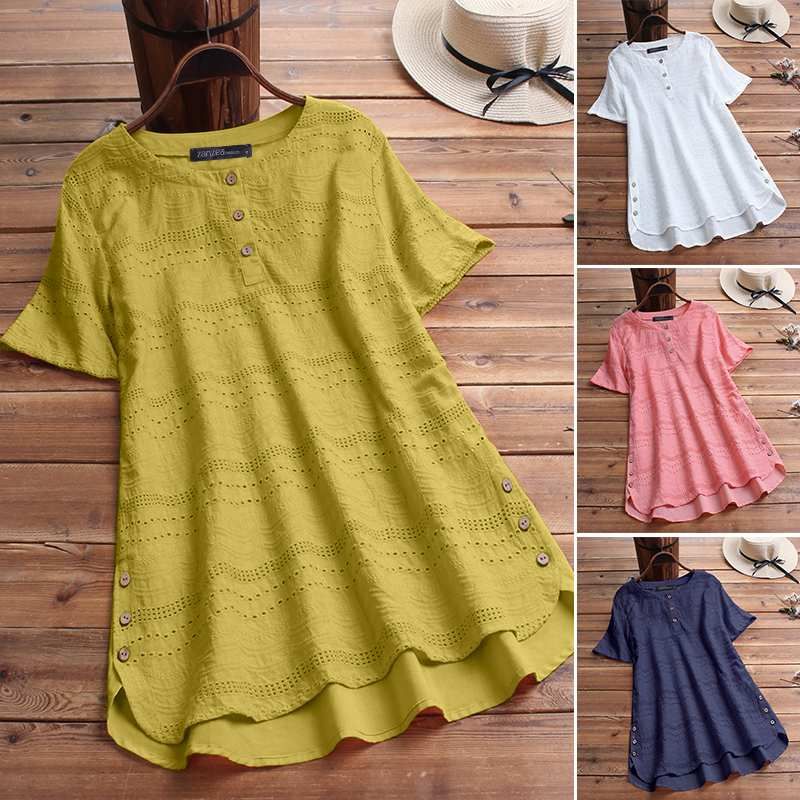 

Button Short Sleeve Shirt Female Asymmetrical Tunic Tops Shirt XL Pink