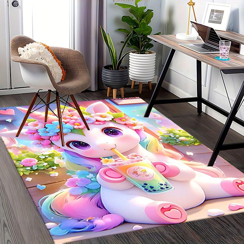 1pc Anime Unicorn Flower Crown Chair Mat - Office Desk Pad with Bubble Tea Design, Non-Slip Carpet for Home Decor, Suitable for All Seasons, Perfect G