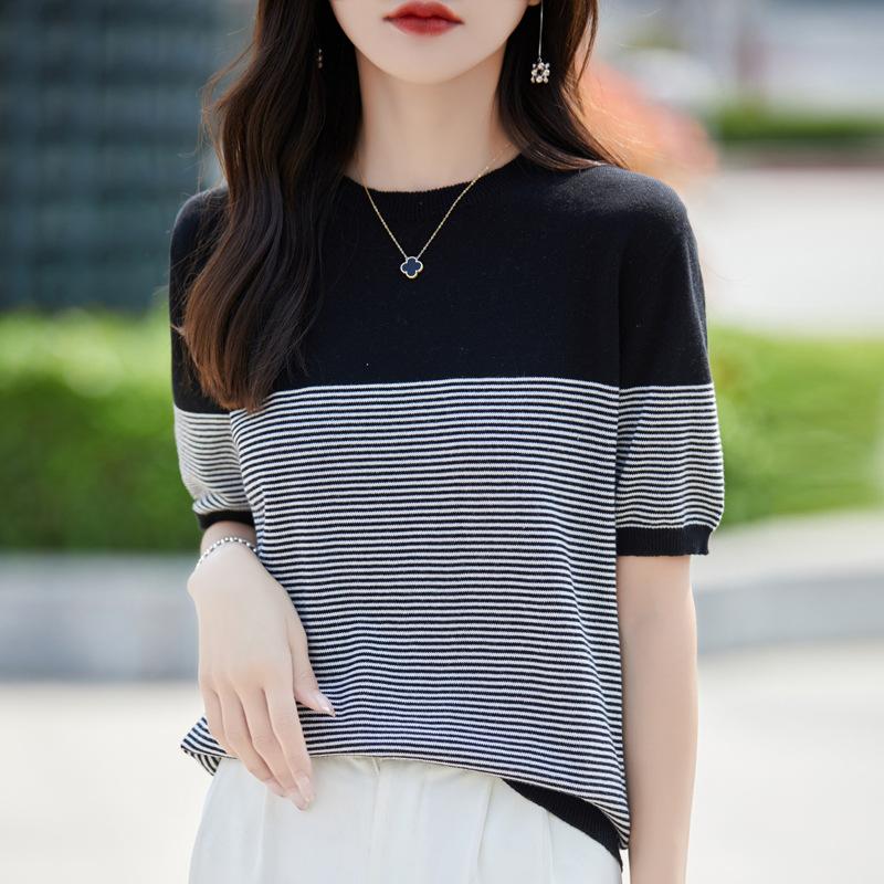 

Женская футболка из чистого хлопка в полоску контрастного цвета, летний ленивый стиль, универсальная, облегающая, с круглым вырезом, модный свитер-топ с цветными блоками XXL чёрный