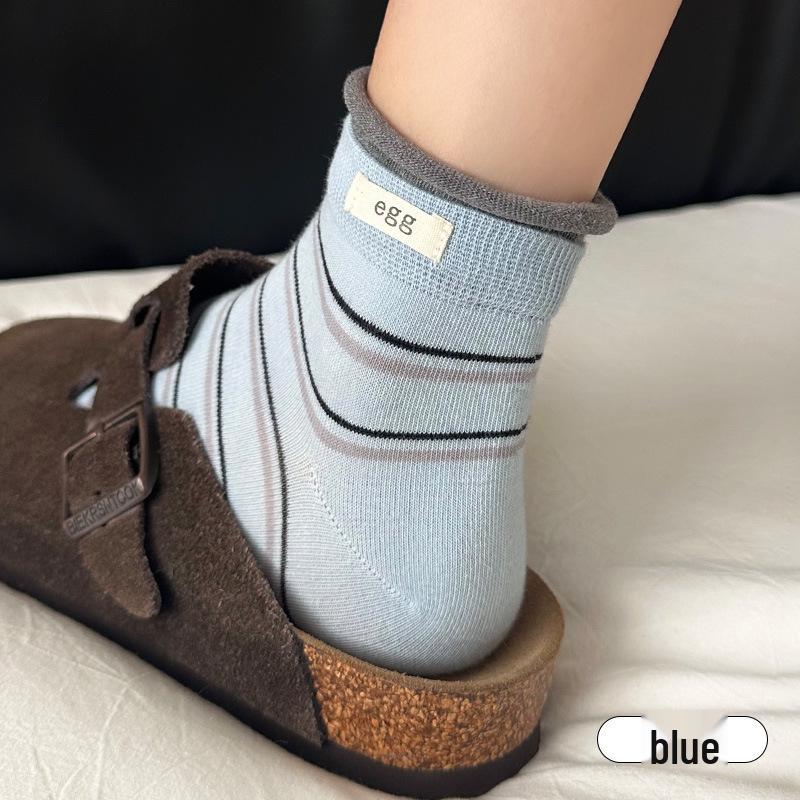 

Striped Letter Print Mid-Calf Cotton Socks - Contrasting Colors, Breathable, Sweat-Absorbent, Seamless Double Ribbed Design One Size [Seamless Toe] синій
