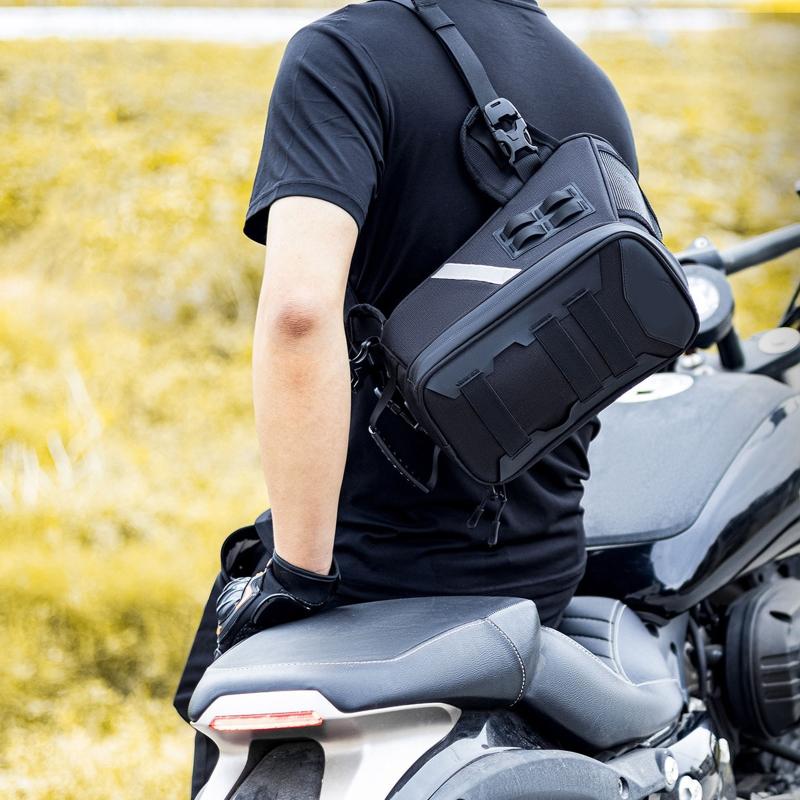 Motorcycle Tank Storage Bag, 5L Polyester Fabric Pouch with Buckle Strap Mounting, Top Opening Access and Carry Along Use for Road Travel Stops