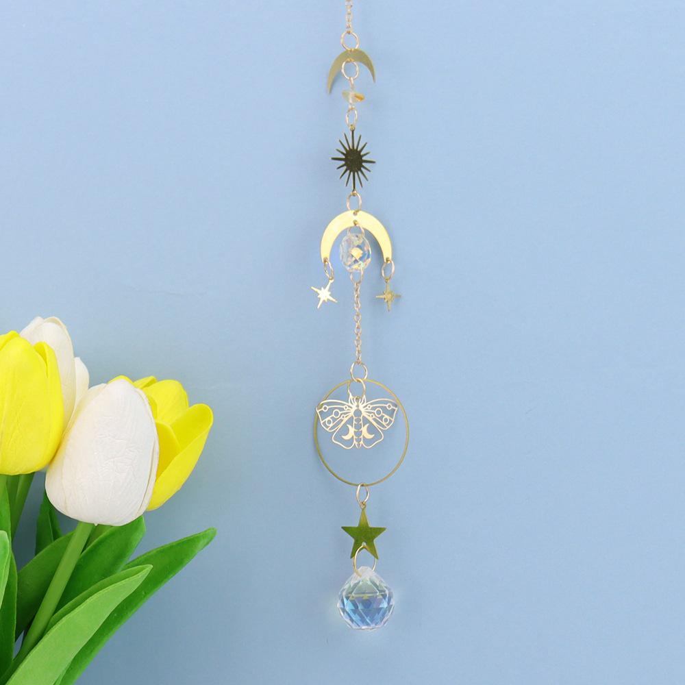 Crystal Moon and Stars Sun Catcher Wind Chime with Butterfly Pendant