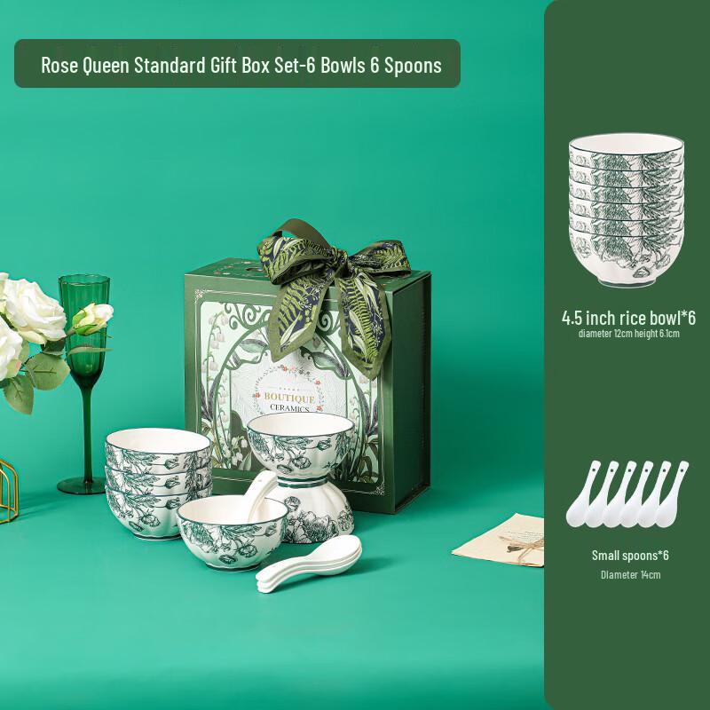 Aiqiyi Underglaze Green Rose Ceramic Dinnerware Set 6 Bowls 6 Spoons