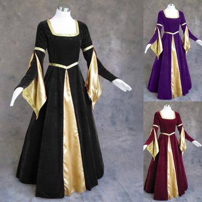 Women's Fashion Gold Velvet Vintage Leaf Sleeve Halloween Long Dress