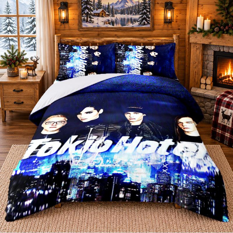 Tokio Hotel Pattern Bedding 3Pcs Set Bed Sheet And Pillowcases For Indoor Bedroom