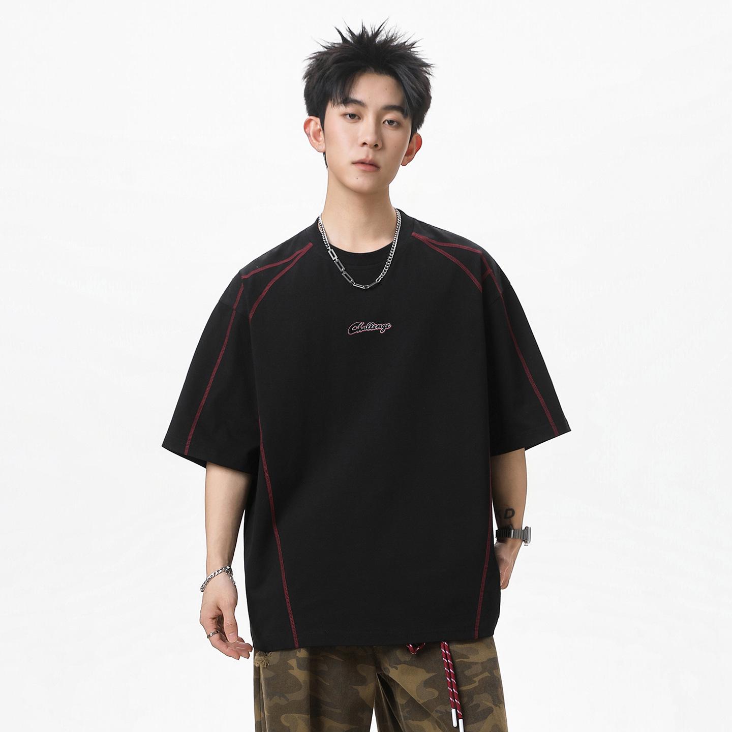 

Men s Summer Style Contrast Topstitched Cotton T-shirt with American Letter Print Extra Large