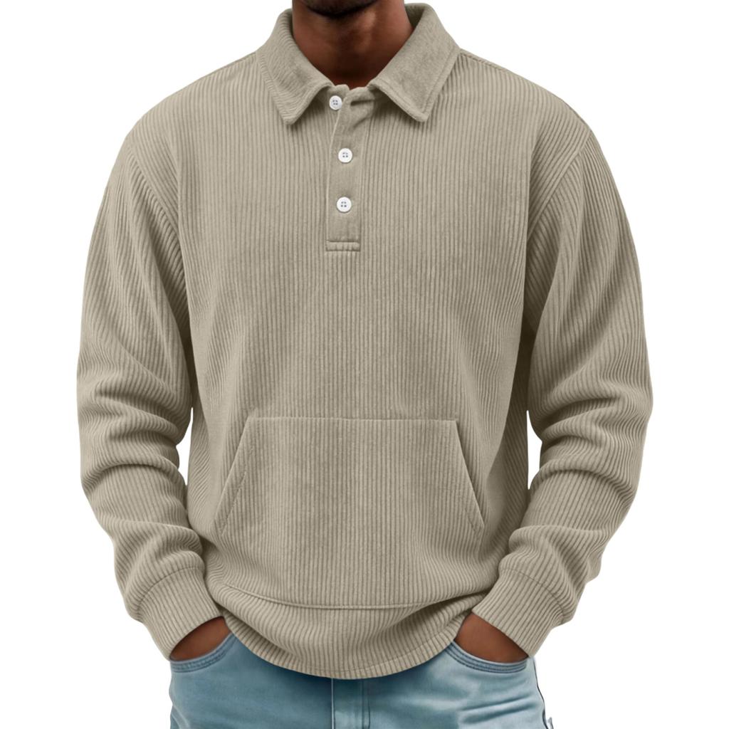 Men's Retro Corduroy Long Sleeve Button Shirt with Lapel Collar and Pocket Casual Top