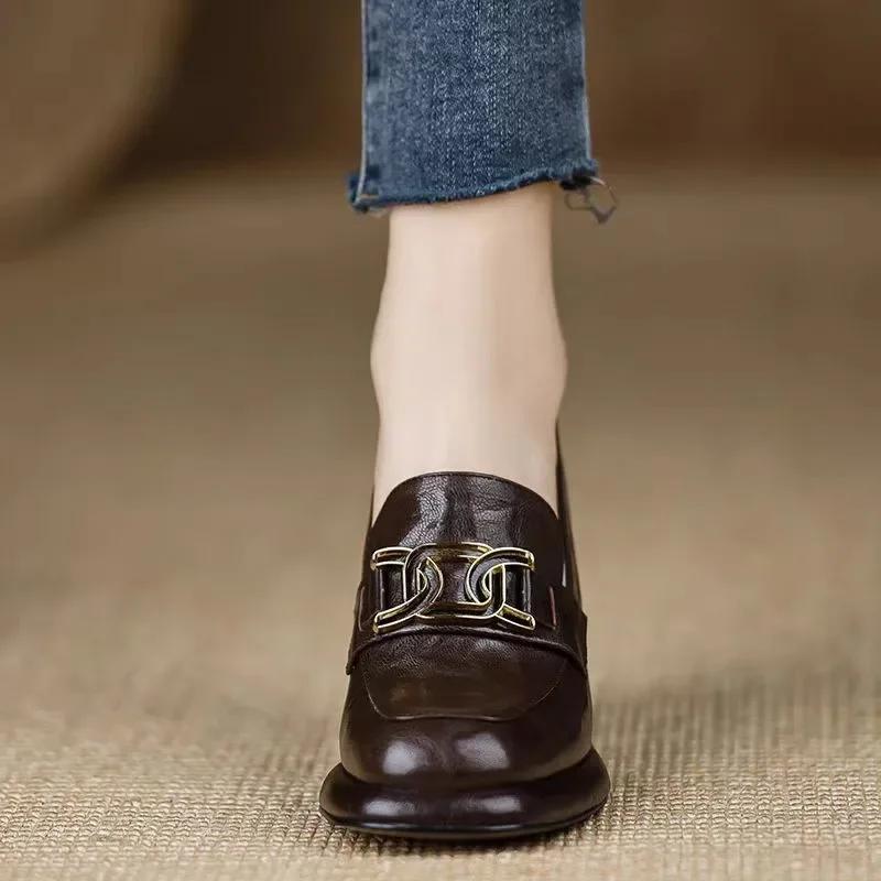 FHC New Soft Women Pumps,Fashion High Heels,Loafers Shallow Shoes,Square Toe,Slip On,British Style,Black,Beige,Dropship