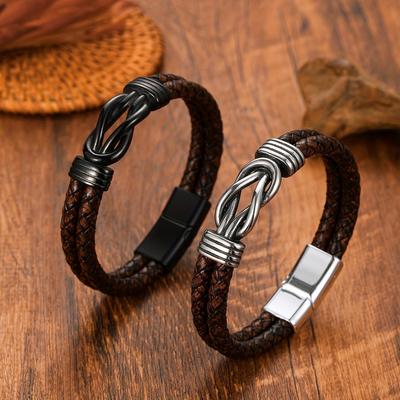 Vintage Herrenarmband aus echtem Leder, Punk-Stil, Figur-8-Motiv, Magnetverschluss, Manschettenarmband