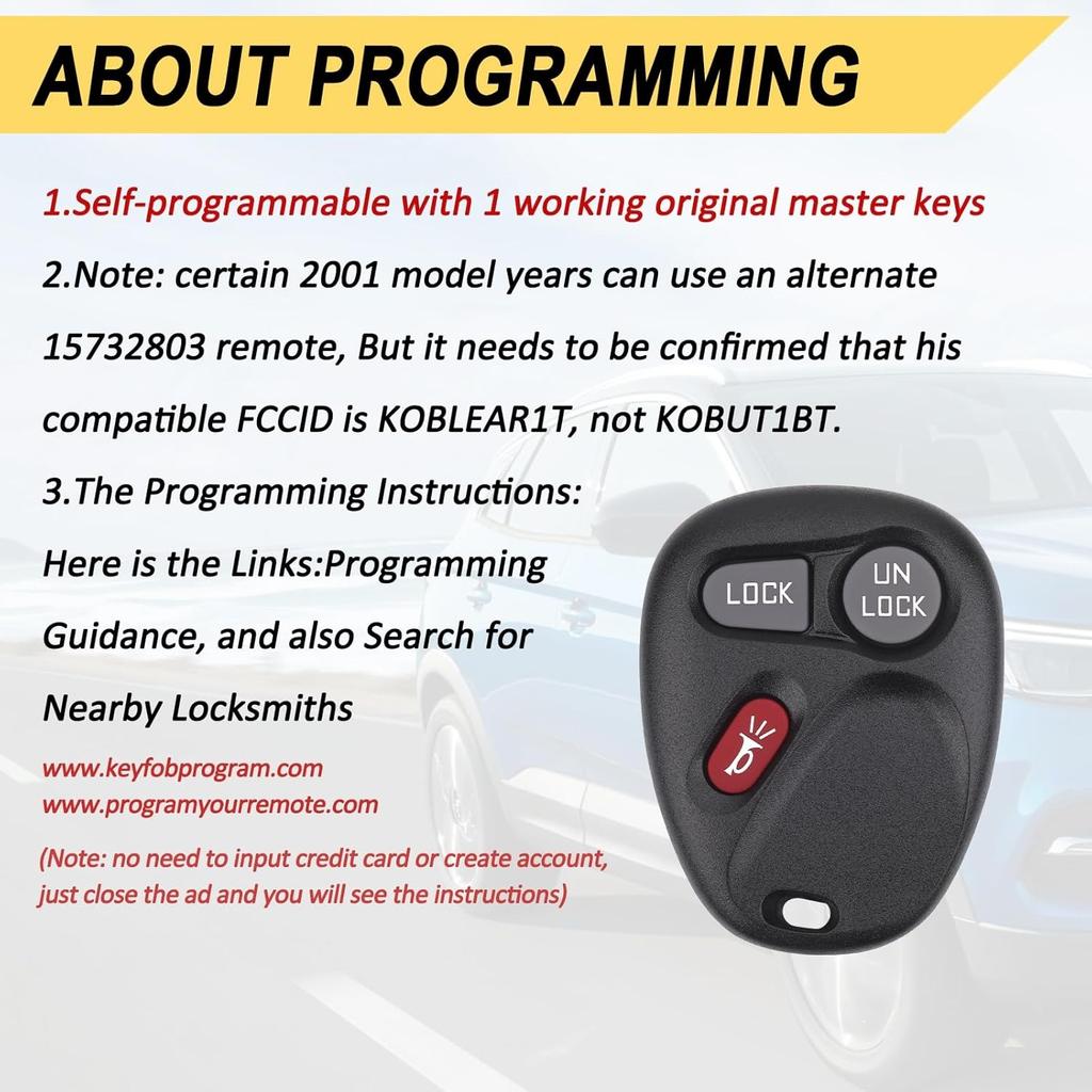 Key Fob for 2001-2002 Chevy Silverado Suburban Tahoe& GMC Sierra Yukon/ 01-04 S10 Sonoma/ 2002 Avalanche Car Keyless,KOBLEAR1XT 15042968, 3 Buttons