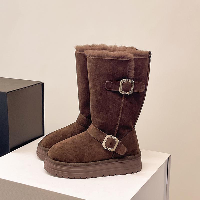 Faux Leather Snow Boots Women's Tall Tube New Winter Velvet Thickened Warm Medium Tube Non-slip and Cold-resistant Belt Buckle Women's Cotton Shoes