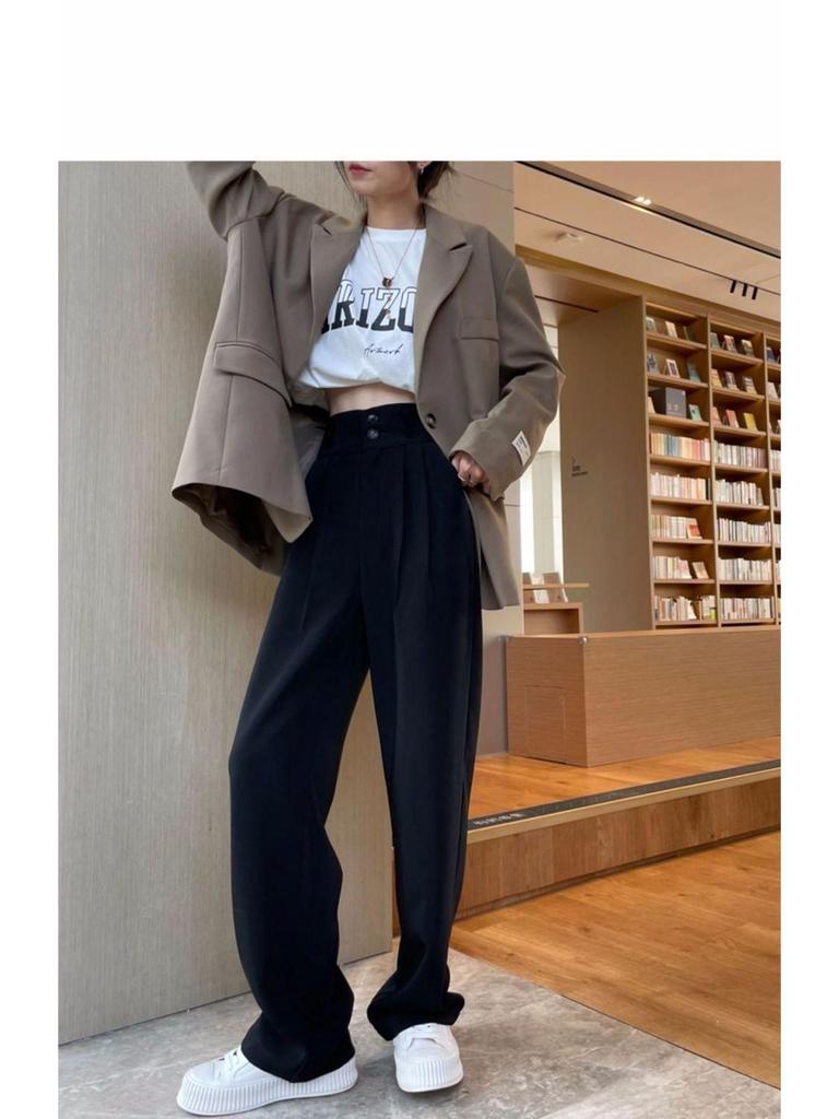 Versatile Gray High-Waist Loose Wide-Leg Suit Pants