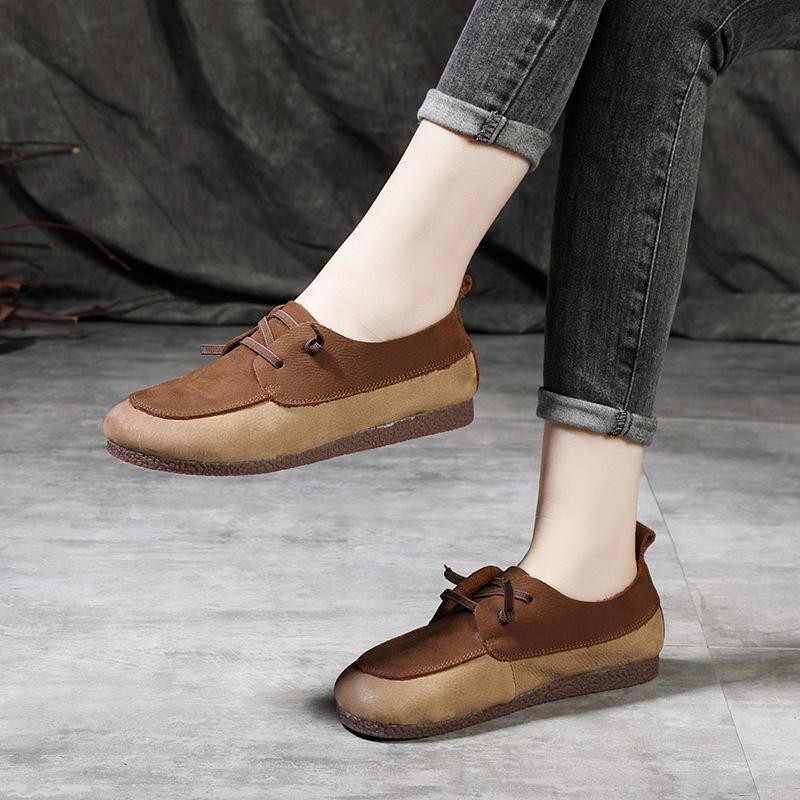 Spring and Summer New Retro First-layer Cowhide Women's Shoes Contrasting Color Splicing Genuine Leather Casual Shoes Flat-bottomed Travel Shoes