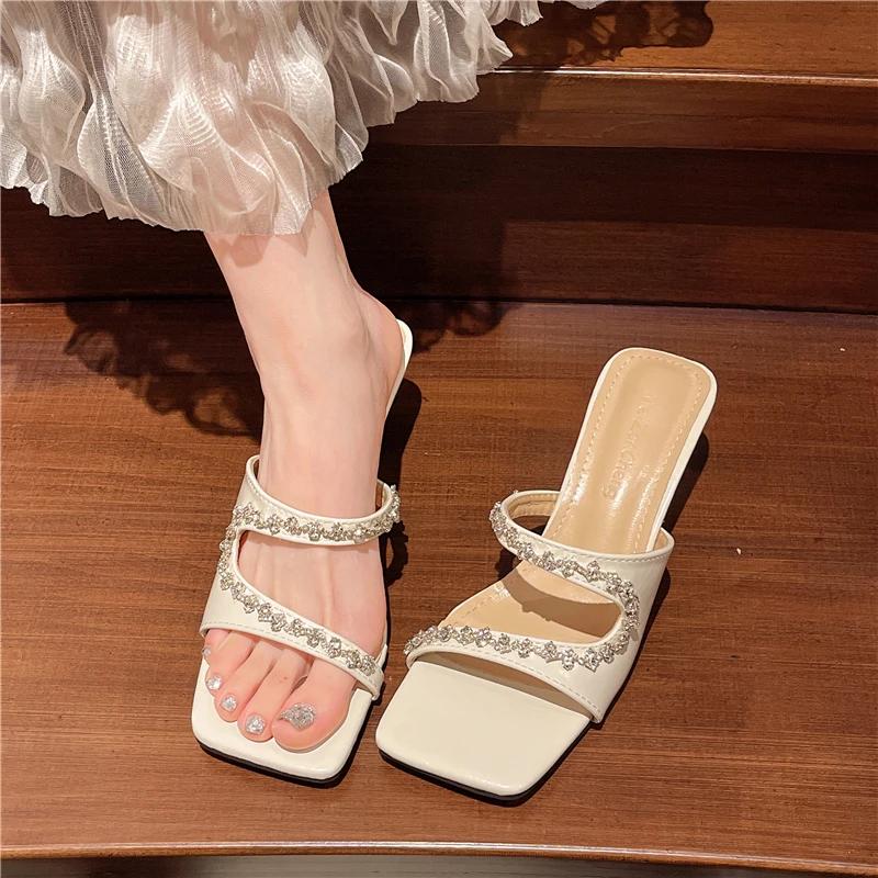 

Fashion 2025 New Transparent High Heels Women S Summer Fashion Crystal Slippers Outside Wear Rhinestone Sandals 35 бежевый